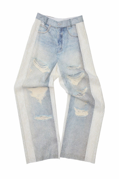 Washed Ripped Lace Straight-Leg Pants