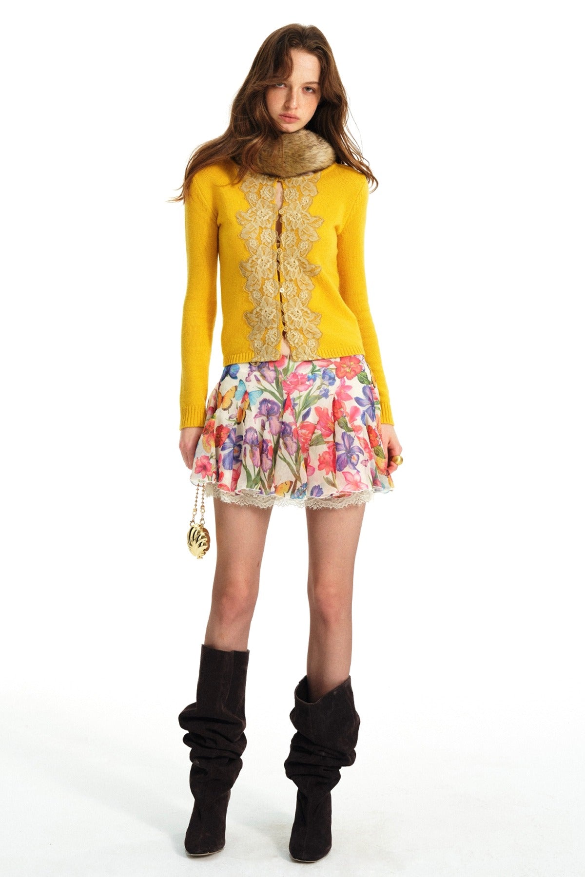Lace Trim Wool Knit Cardigan and Chiffon Skirt
