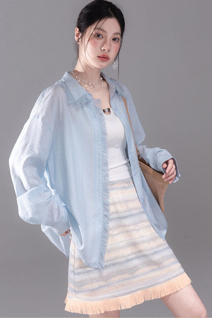 Star Mist Blue Tassel Lace Blouse