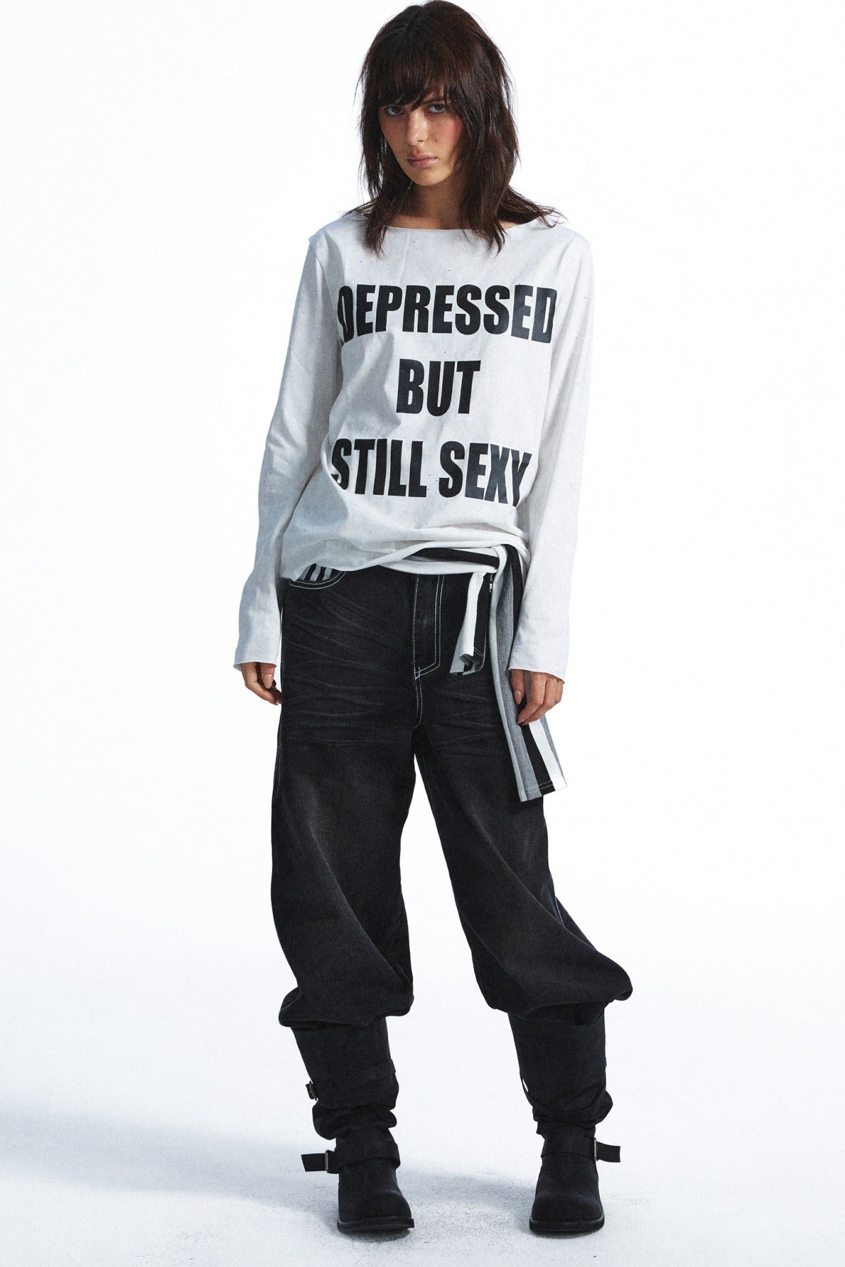Distressed Rhinestone Letter Print Long-Sleeve T-Shirt
