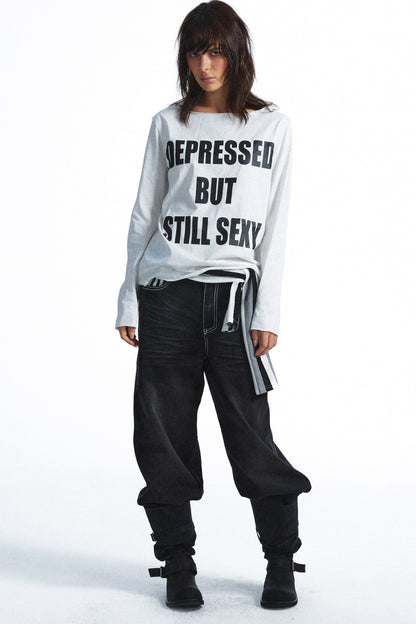 Distressed Rhinestone Letter Print Long-Sleeve T-Shirt