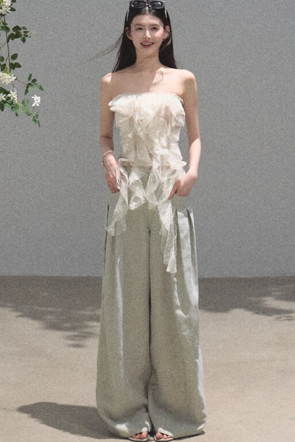 Goldene weite Seiden-Leinen-Hose