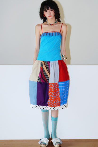 Patchwork Pleated Balloon Dress