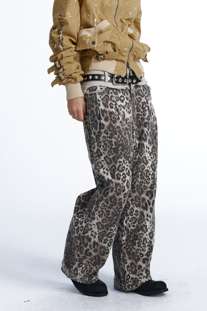 Leopard Print Double-Waistband Wide-Leg Jeans