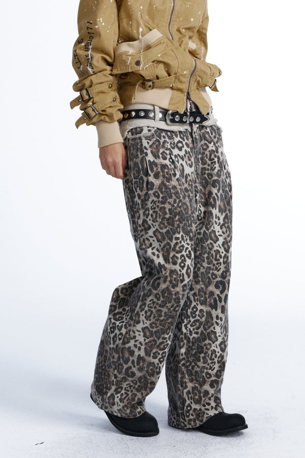 Leopard Print Double-Waistband Wide-Leg Jeans