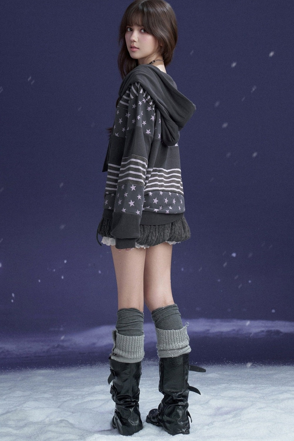 Star Patchwork Bowknot One-Shoulder Hooded Sweatshirt