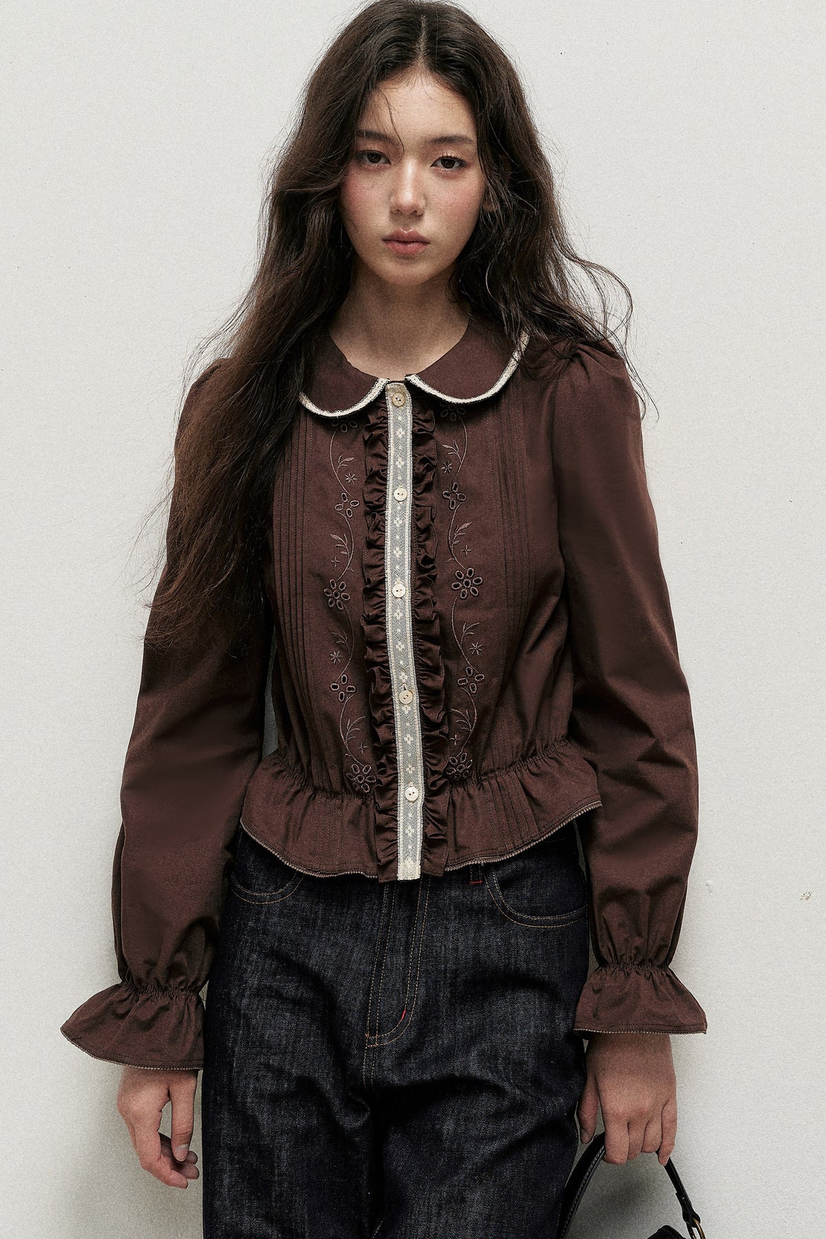 Brown Cotton Linen Lace Trim Shirt