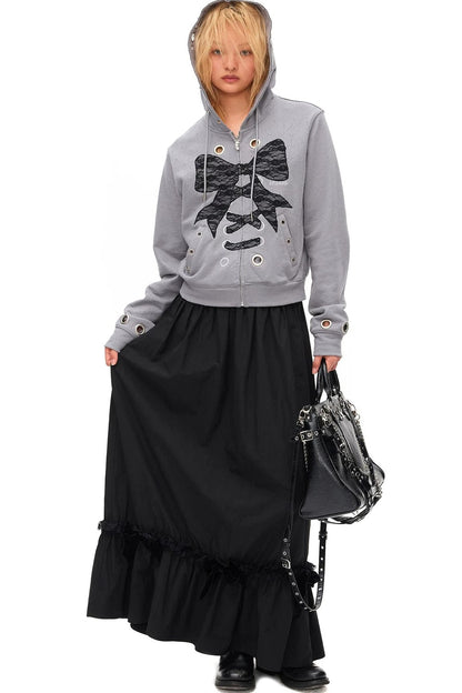 Distressed Lace Bow Hoodie
