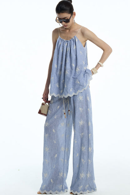 Gray-Blue Jacquard Halter Camisole and Shorts Set-Up