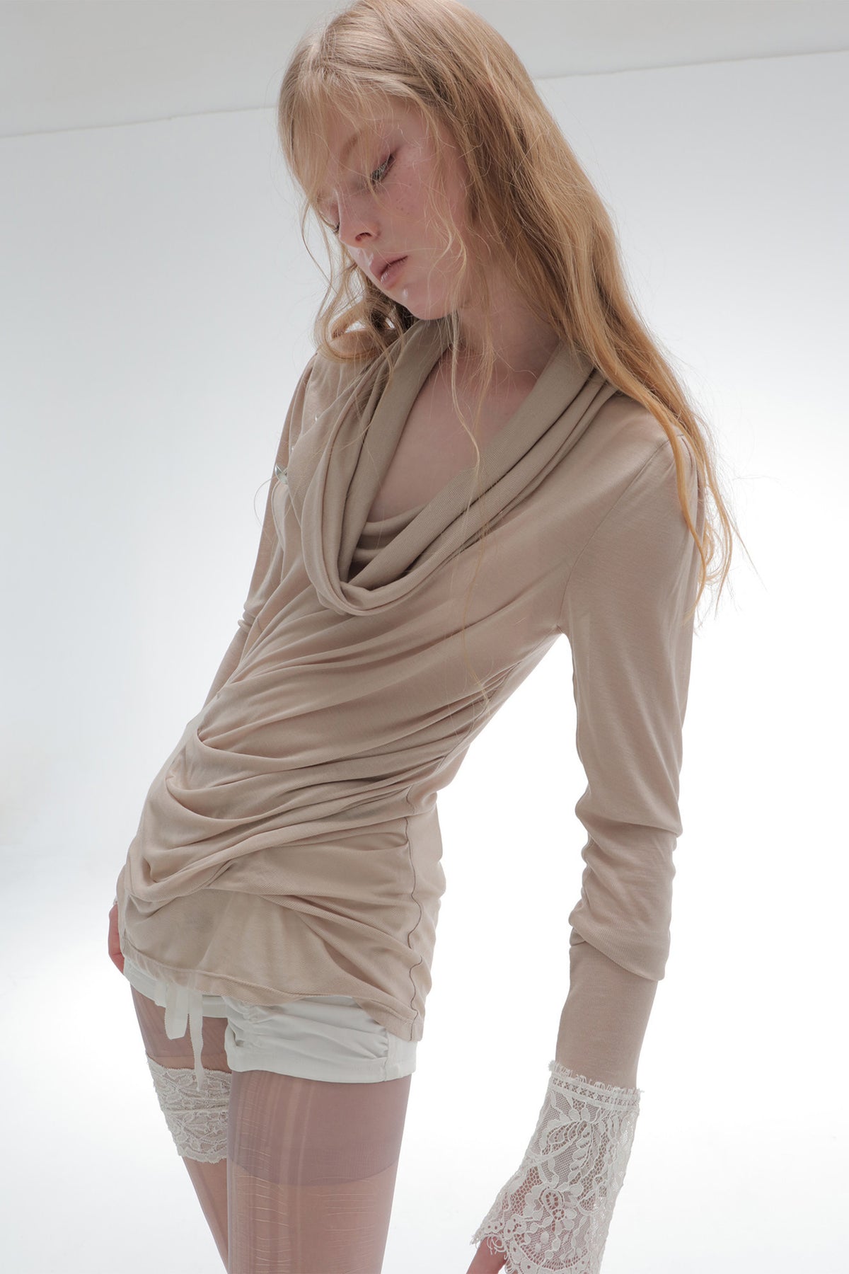 Pleated Cowl Neck Lace Trim Top