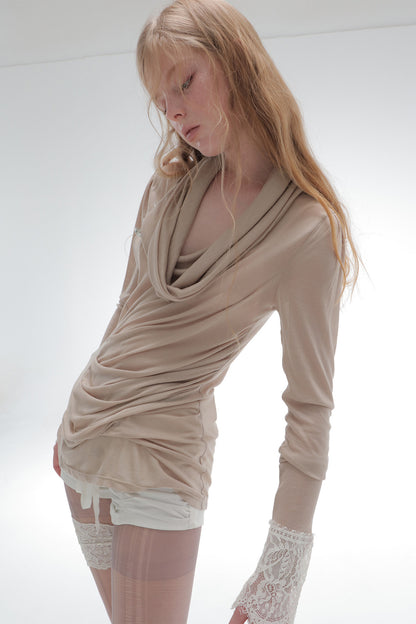 Pleated Cowl Neck Lace Trim Top
