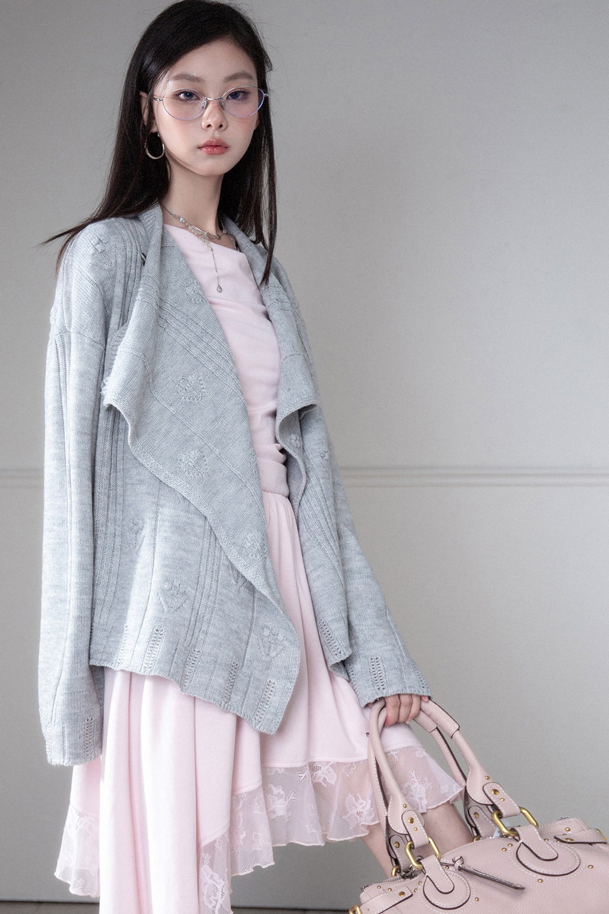 Warm Gray 3D Floral Wrap Cardigan