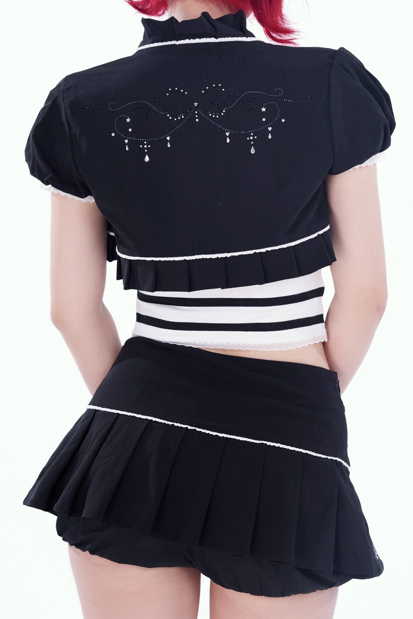Bow Vine Rhinestone Lace Pleated Skirt