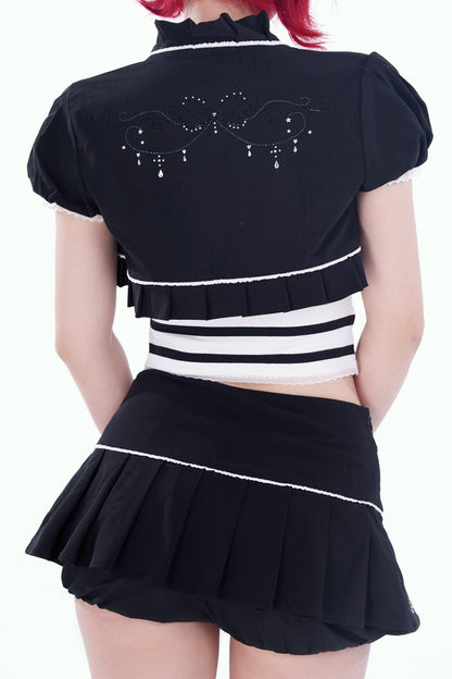 Bow Vine Rhinestone Lace Pleated Skirt