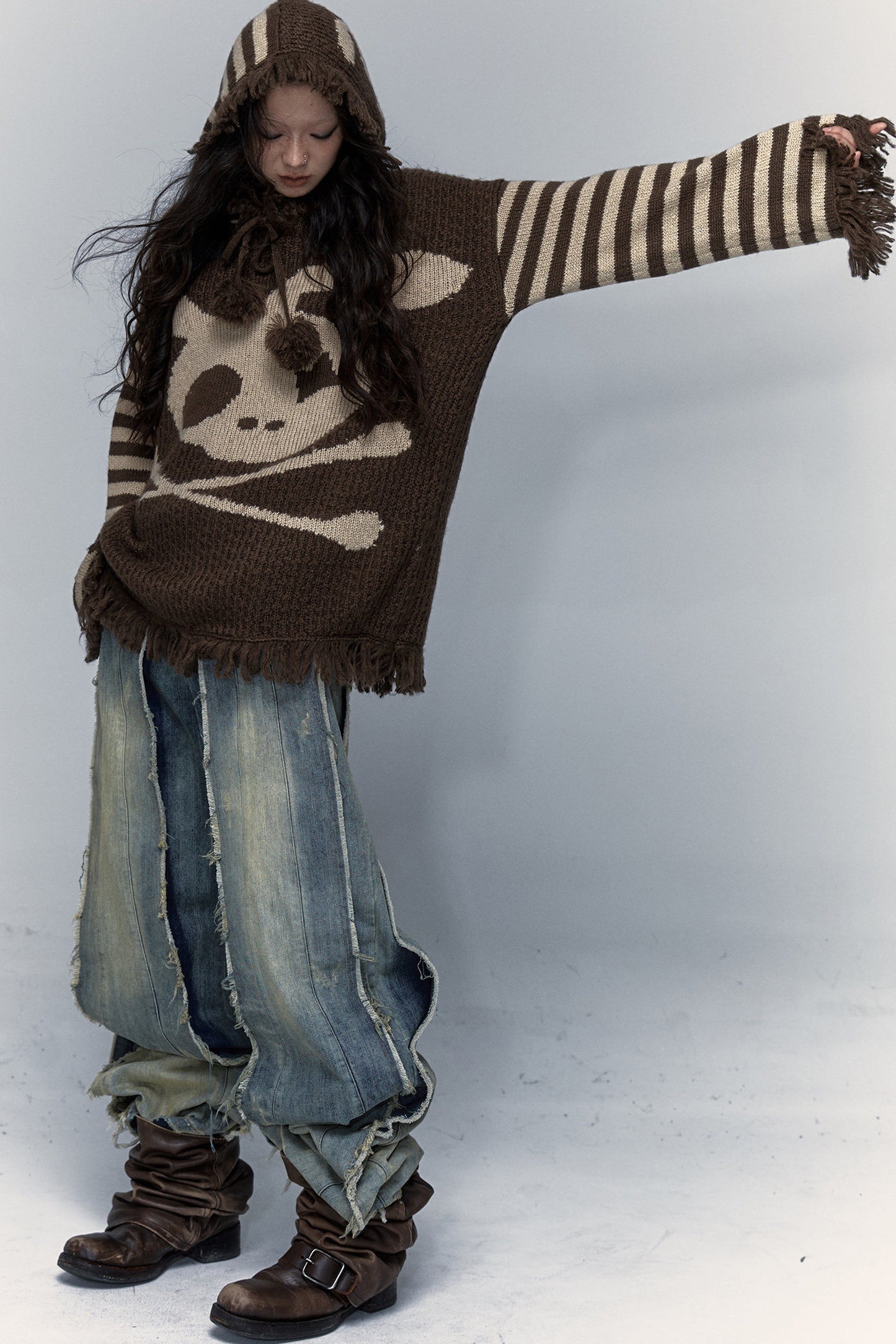 Skull Rabbit Hooded Knit Blouse
