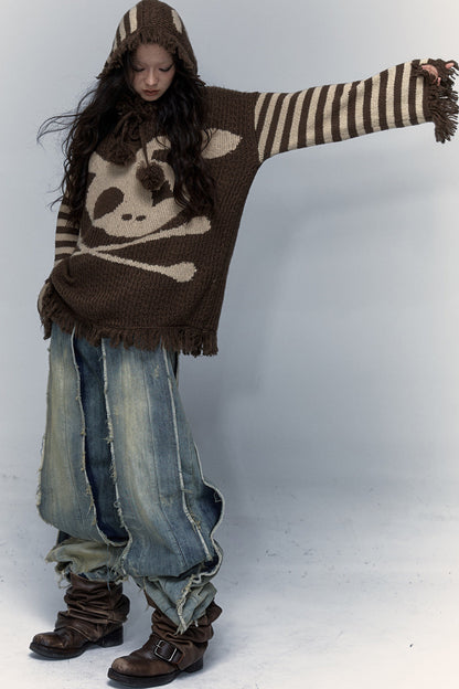 Skull Rabbit Hooded Knit Blouse