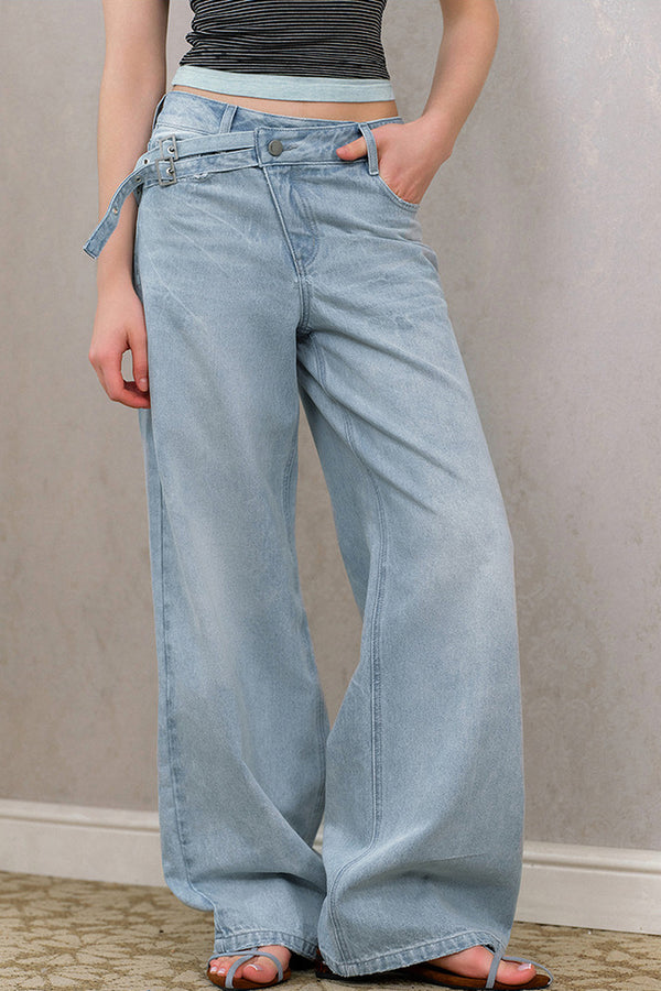 Asymmetrical Diagonal Placket Straight Jeans