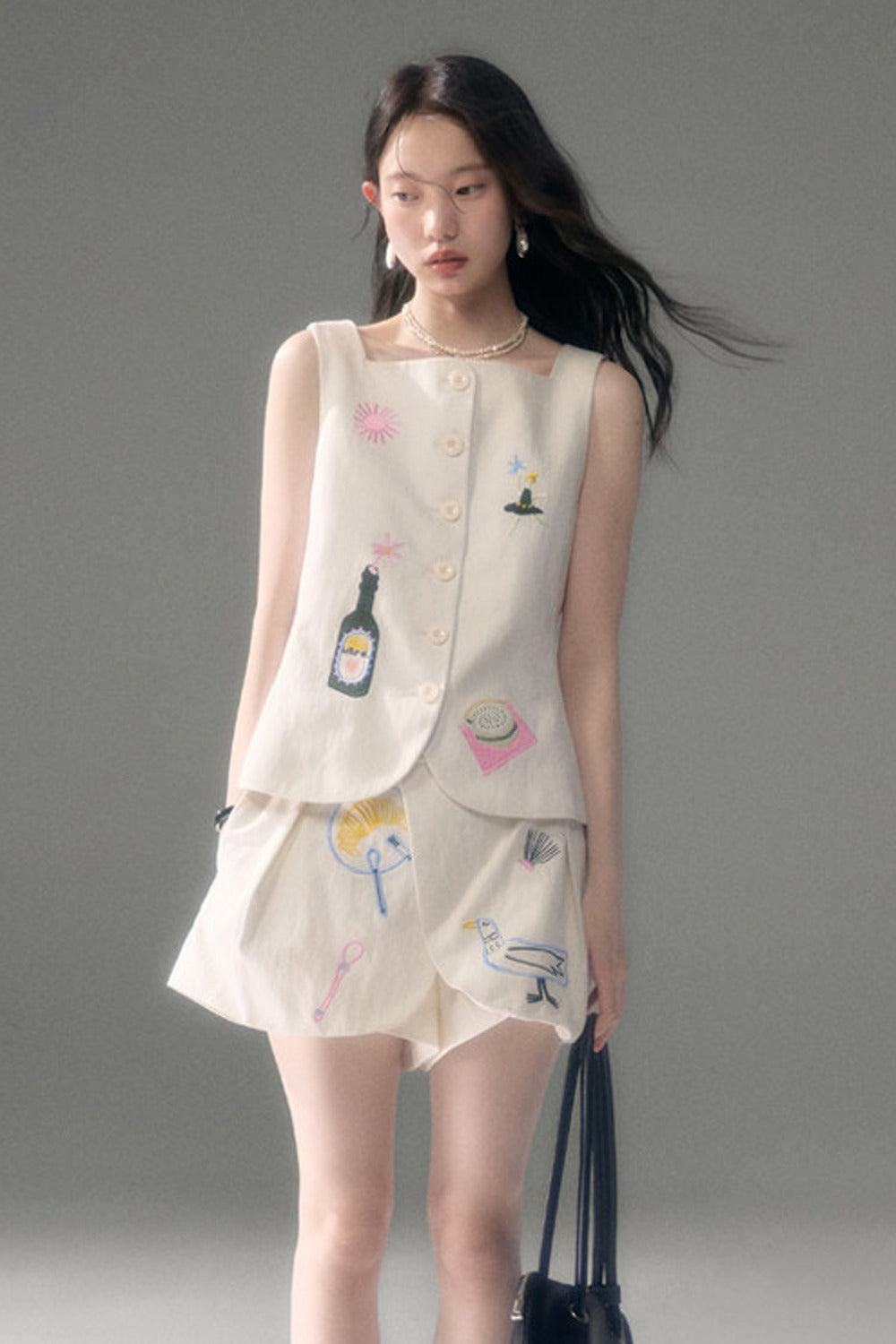 Ear Detail Tencel Cotton Embroidered Vest and Shorts Set-Up