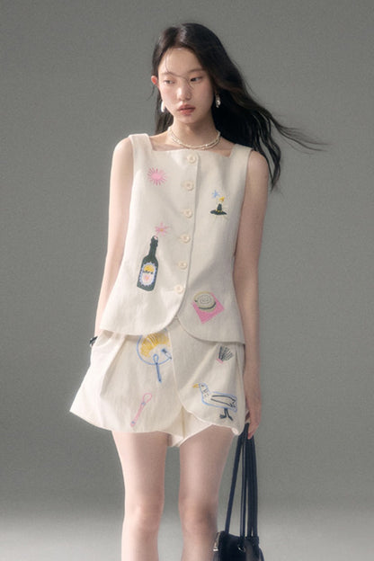 Ear Detail Tencel Cotton Embroidered Vest and Shorts Set-Up