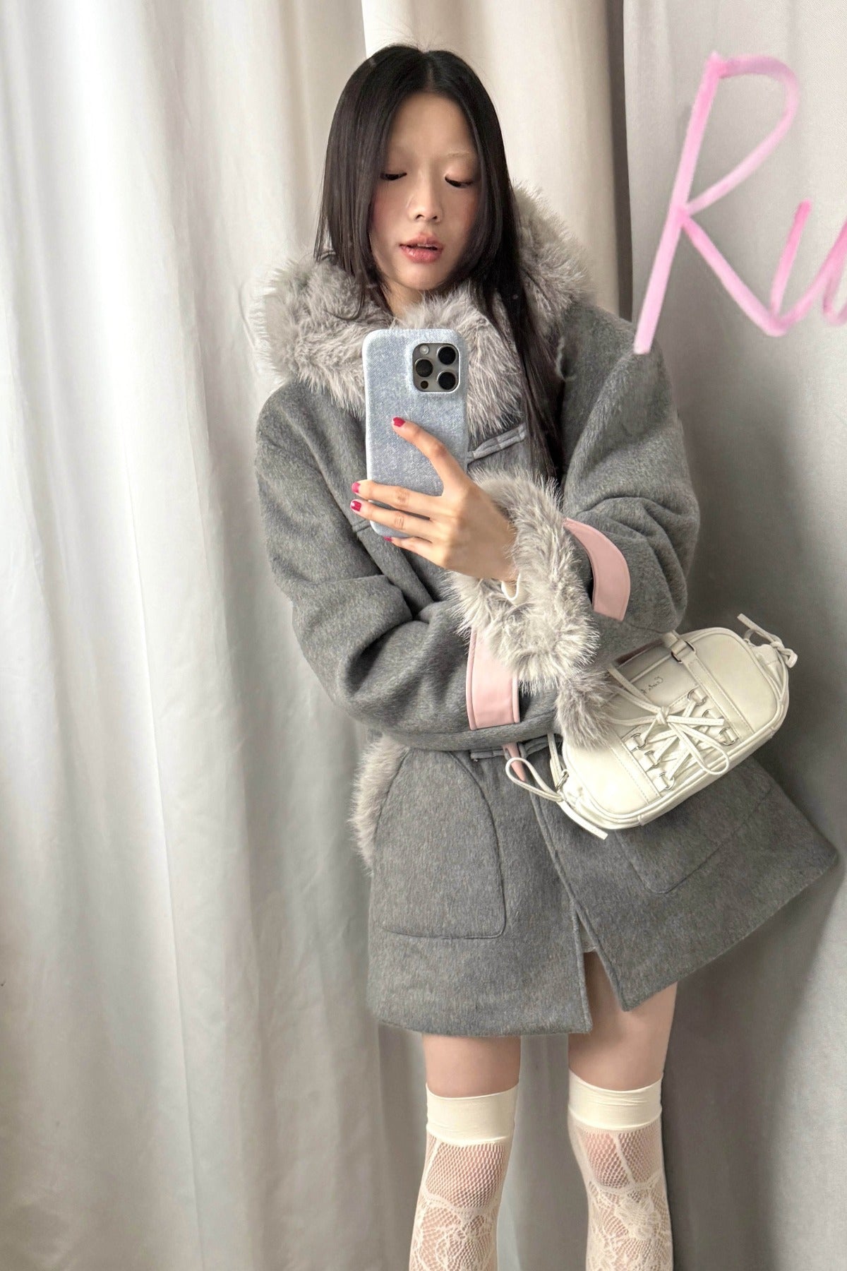 Toggle Button Fur Collar Hooded Coat