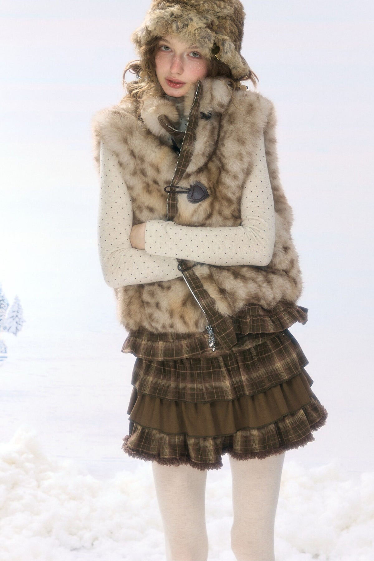 Plush Patchwork Plaid Leopard Horn Button Jacket