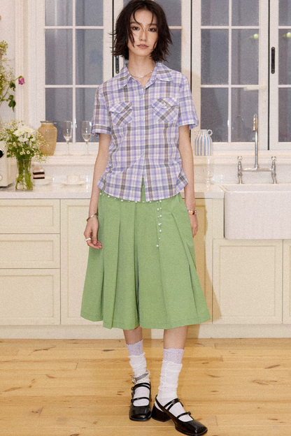 Color-Block Pocket Plaid Blouse