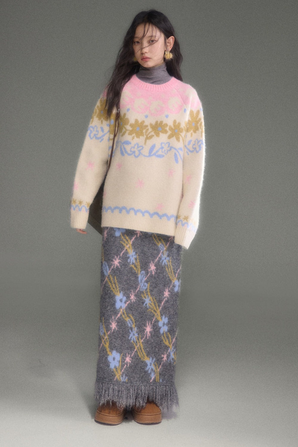 Ear-Shaped Wool-Blend Bird and Flower Jacquard Dress Set-Up