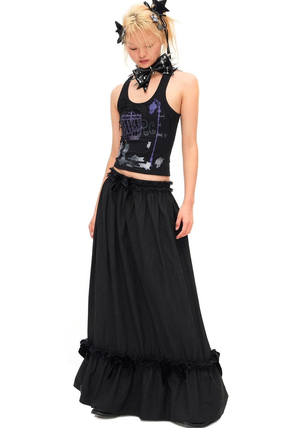 Velvet Bow Pleated Skirt