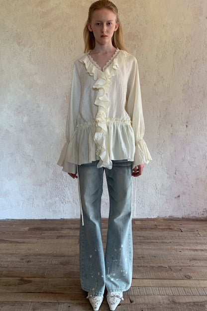 Washed Ink-Splashed Micro-Flare Jeans