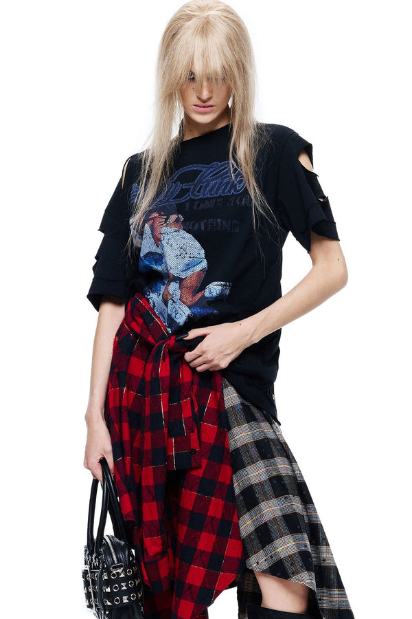 Hand-Torn Punk Back Hollow-Out Straps T-Shirt
