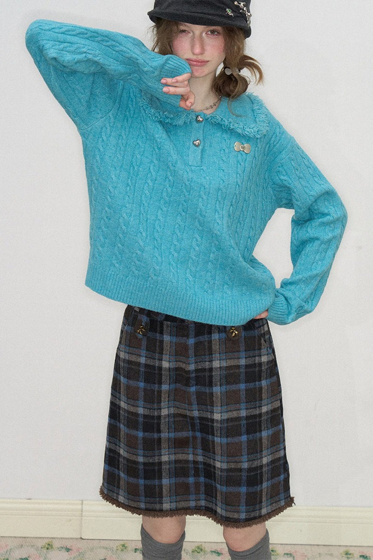 Blue Green Velvet Floral Twist Texture Tassel Sweater