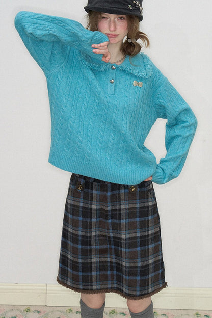 Blue Green Velvet Floral Twist Texture Tassel Sweater
