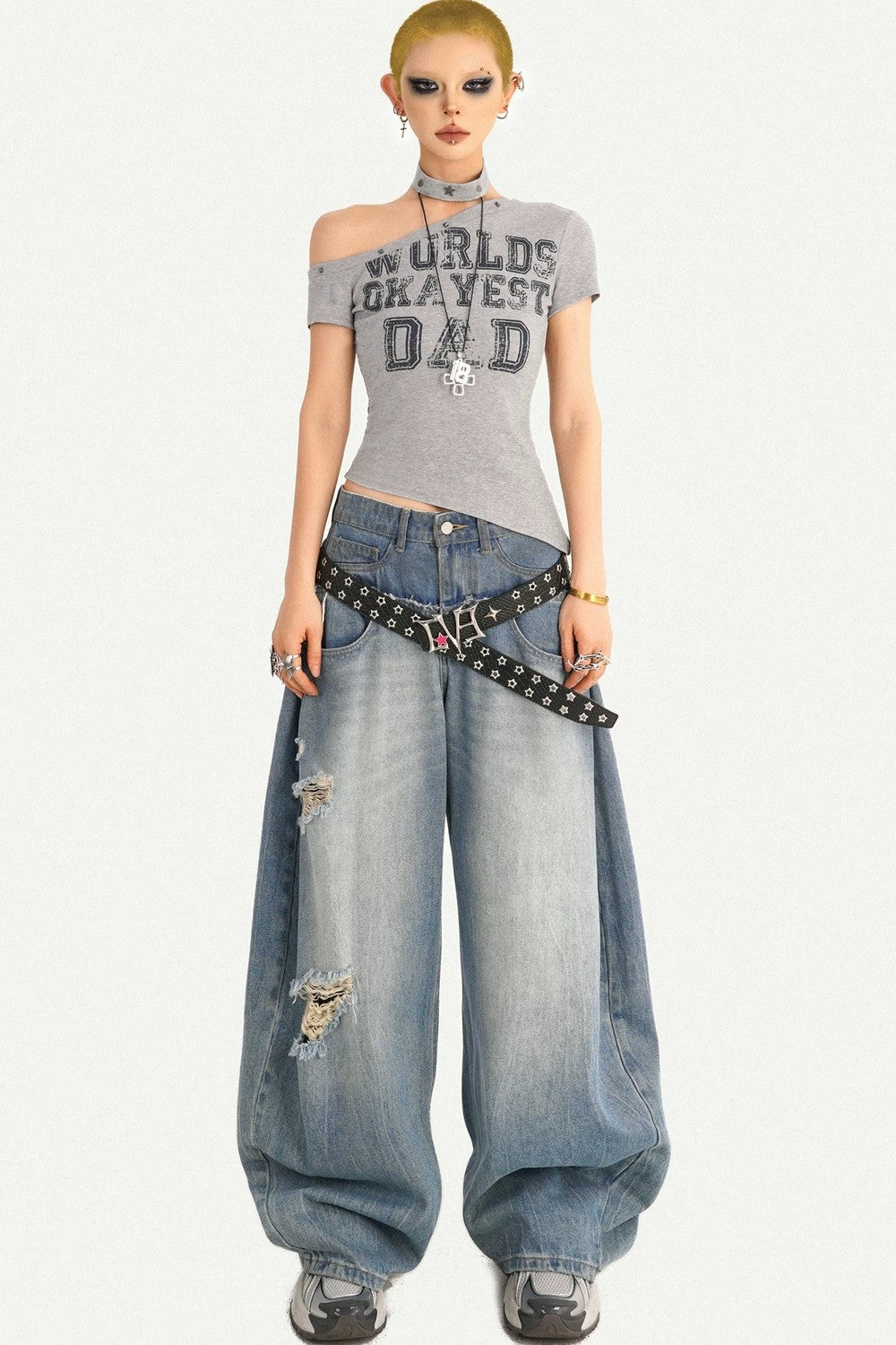 Gray Off-Shoulder Letter Top