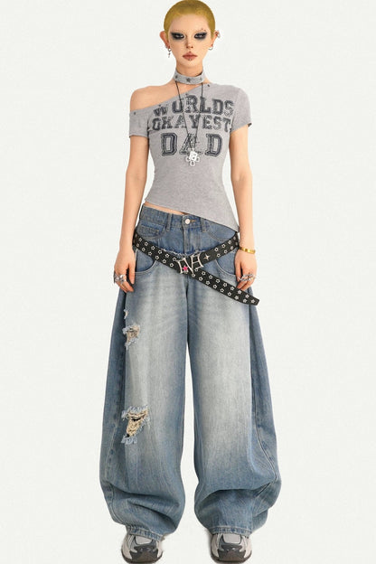 Gray Off-Shoulder Letter Top