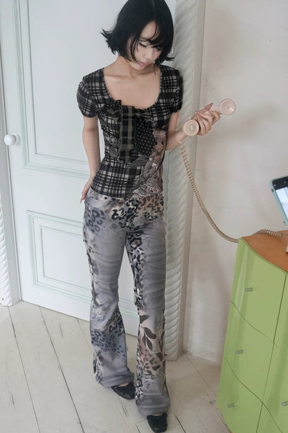Retro Leopard Floral Flare Pants