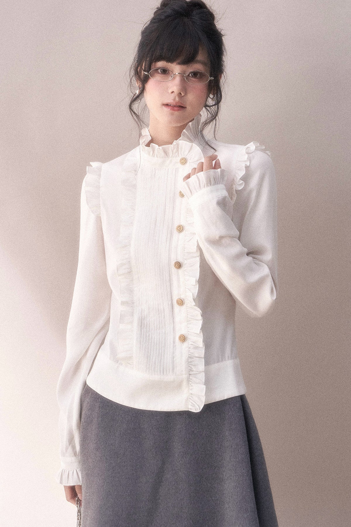 Pleated Lace Ruffle Asymmetrical Long-Sleeved Shirt