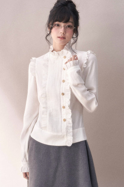 Pleated Lace Ruffle Asymmetrical Long-Sleeved Shirt