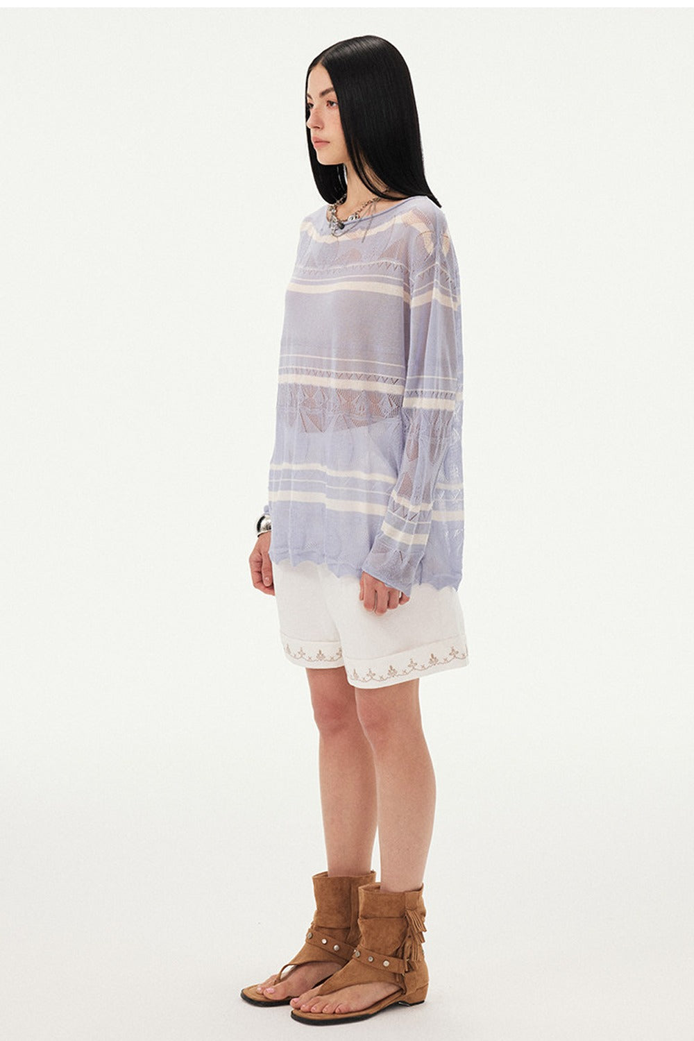 Pink Knit Hollow-Out Crochet-Style Pullover Top