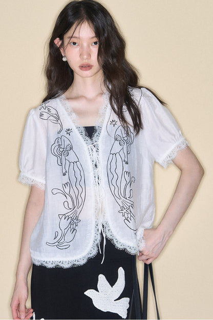 Mermaid Print Tencel Linen Short-Sleeve Shirt