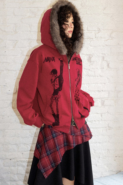 Distressed Fur Collar Hooded Cardigan