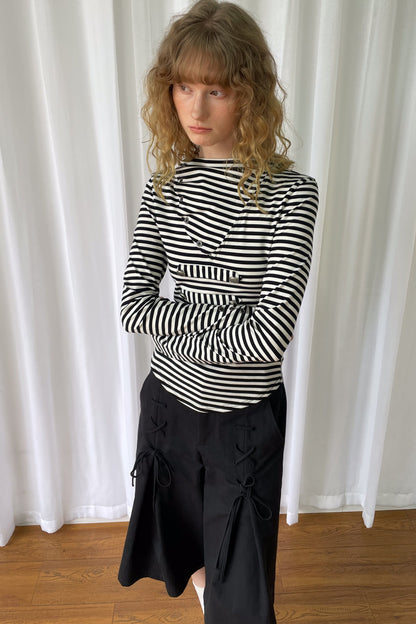 Metal Buckle Striped Knit Hood Top