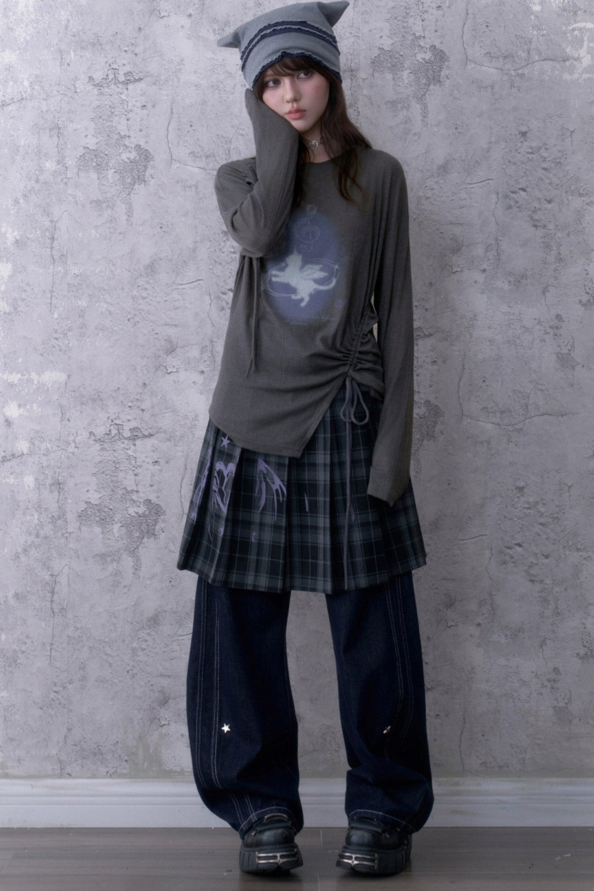 Gray Unicorn Drawstring Irregular T-shirt