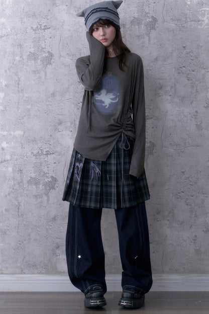 Gray Unicorn Drawstring Irregular T-shirt