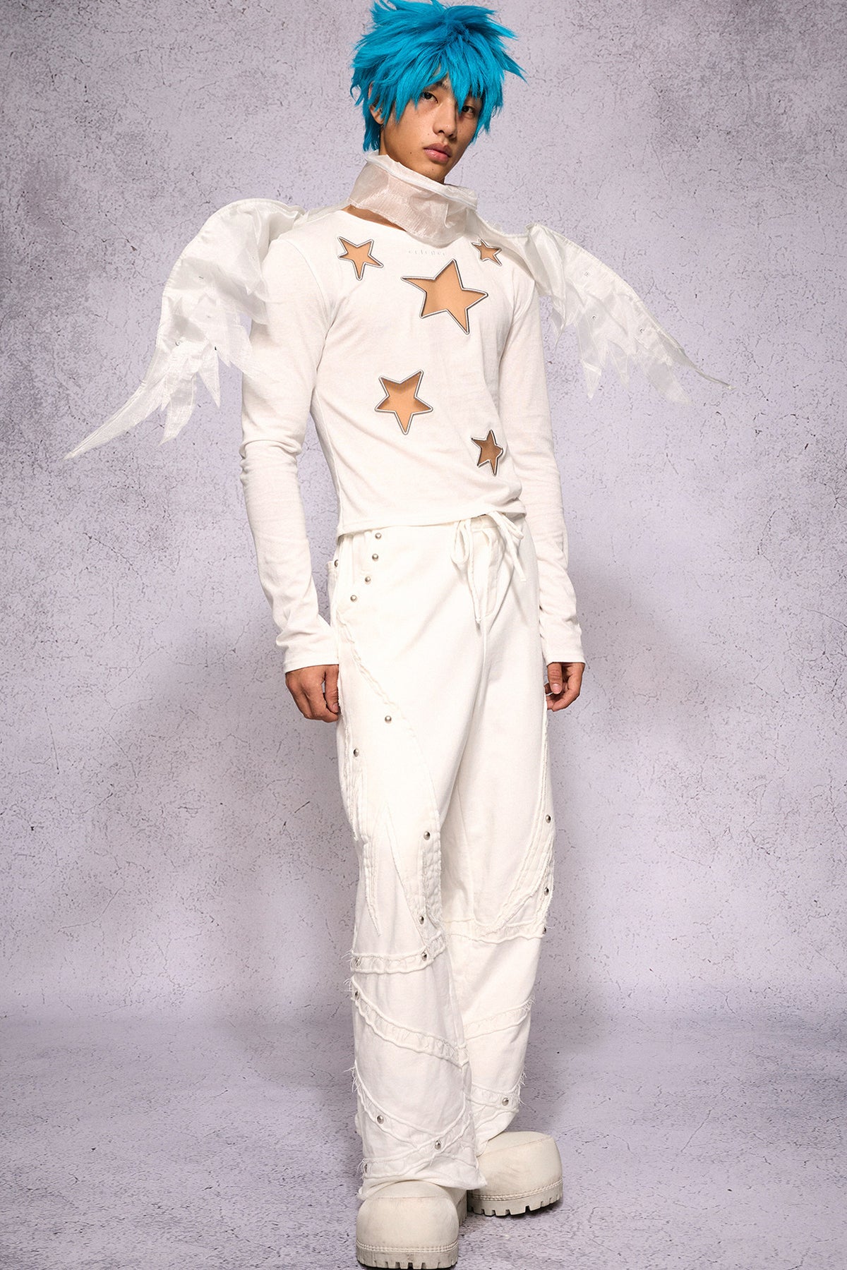 Star Hollow Mesh Embroidery Long-Sleeved Top
