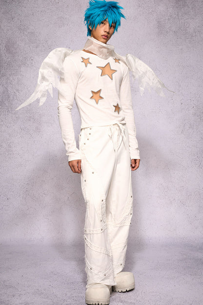 Star Hollow Mesh Embroidery Long-Sleeved Top