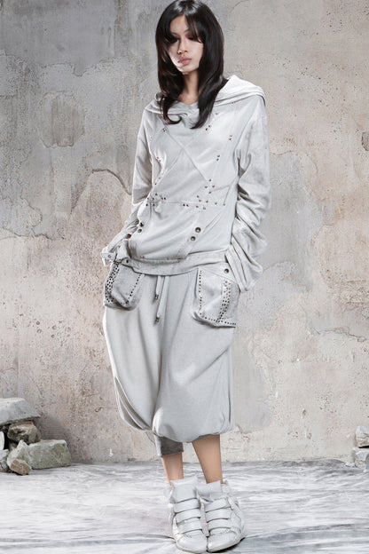 Loose Distressed Rivet Hooded Sweatshirt