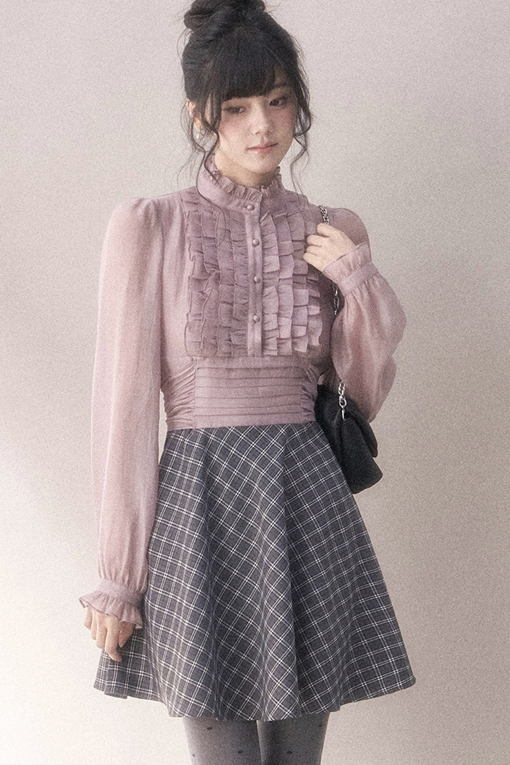 Gray-Purple Plaid Layered Pleated Stand-Collar Dress