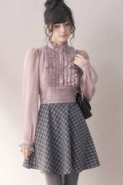 Gray-Purple Plaid Layered Pleated Stand-Collar Dress