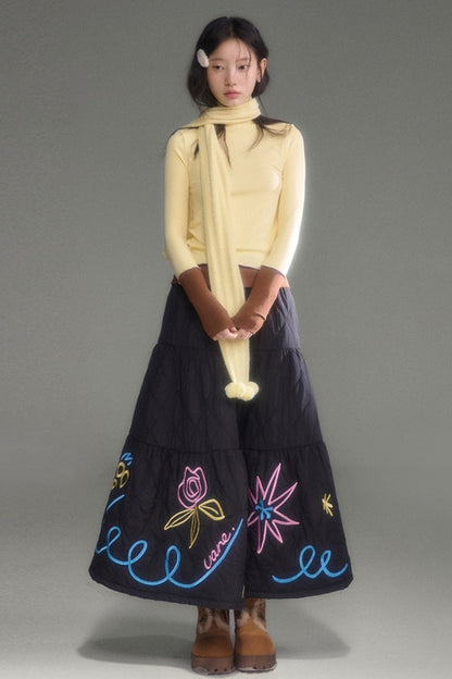 Floral Embroidered Quilted A-Line Tiered Skirt