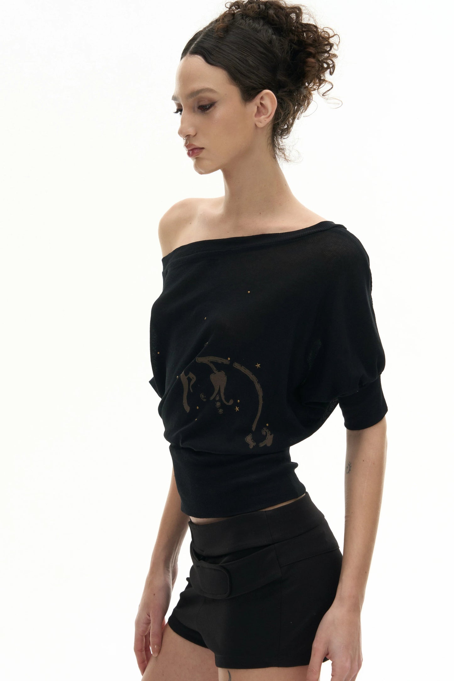 Two-Tone Rhinestone One-Shoulder T-Shirt